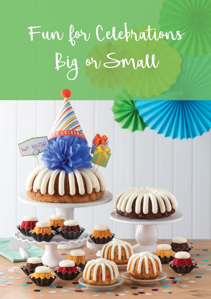 Bundt cakes nicely displayed with icing. Party hat. fun for occasions big and small.